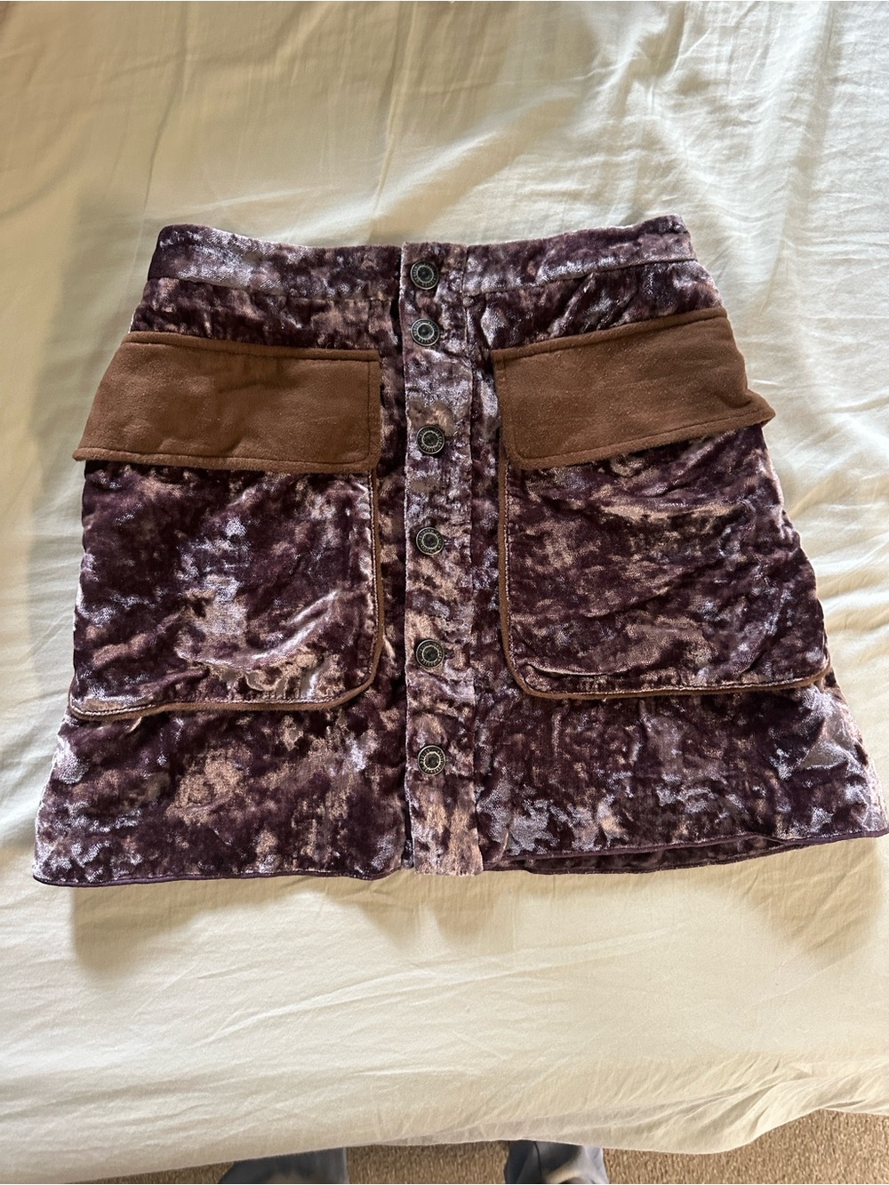 Plush Crushed Velvet Mini Skirt in Deep Purple with Brown Pocket Accents